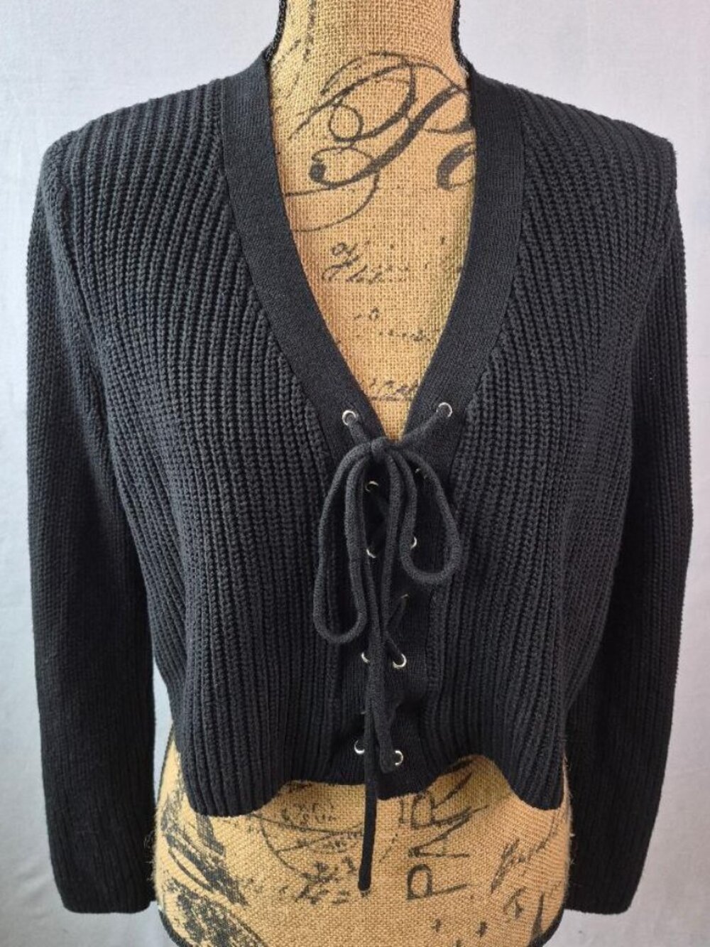 Millau Women's Cropped Lace up Sweater Black Knit Size Small Boho